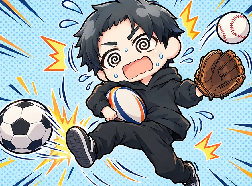 野球・サッカー・ラグビーを同時にやろうとして目を回すリクのイラスト