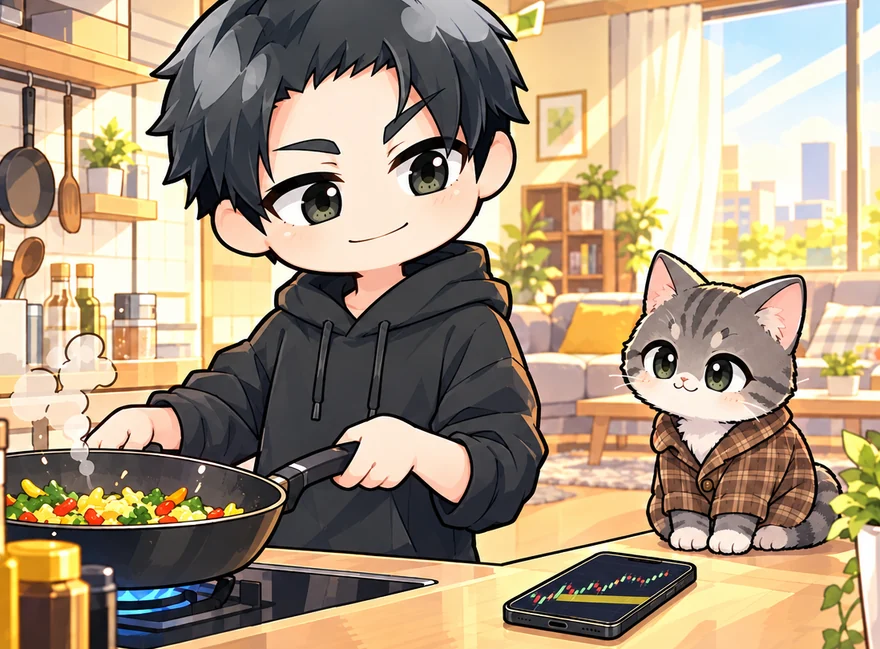 家事の合間にスマホのチャートをちらっと見るリクのイラスト